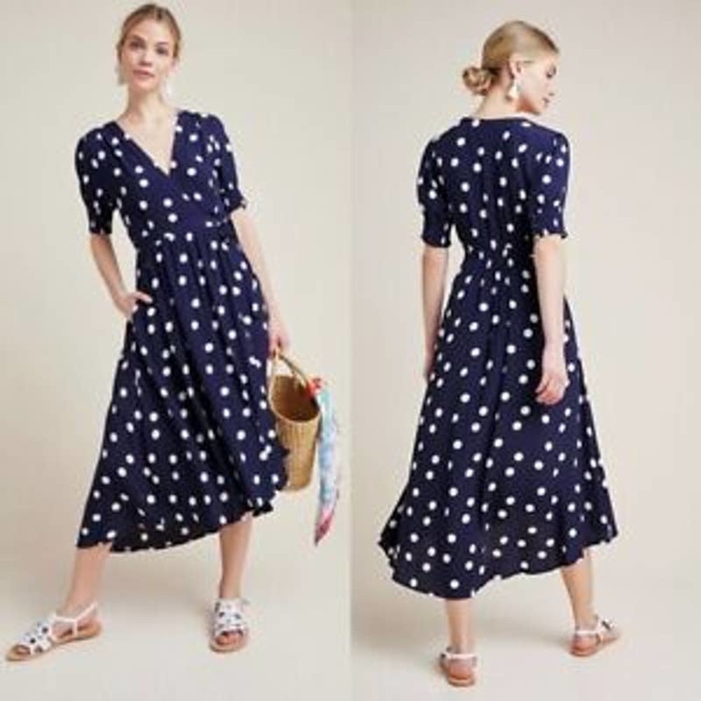 Anthropologie Maeve Polka Dot Wrap Dress Midi High-Low Puff Sleeve Navy Blue 8